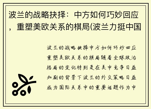 波兰的战略抉择：中方如何巧妙回应，重塑美欧关系的棋局(波兰力挺中国)