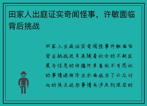 田家人出庭证实奇闻怪事，许敏面临背后挑战