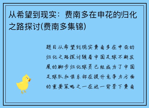 从希望到现实：费南多在申花的归化之路探讨(费南多集锦)