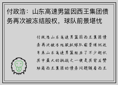 付政浩：山东高速男篮因西王集团债务再次被冻结股权，球队前景堪忧